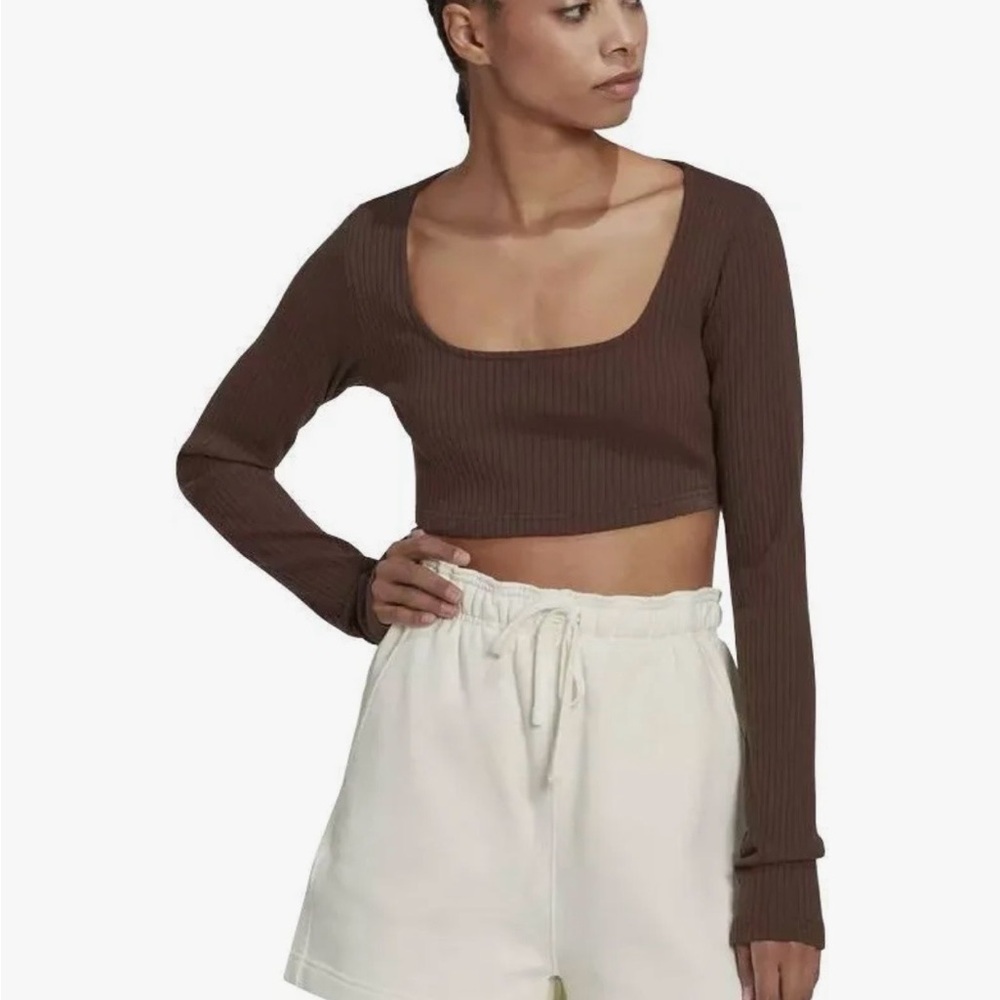 Adidas Brown Ribbed Long Sleeve Crop Top